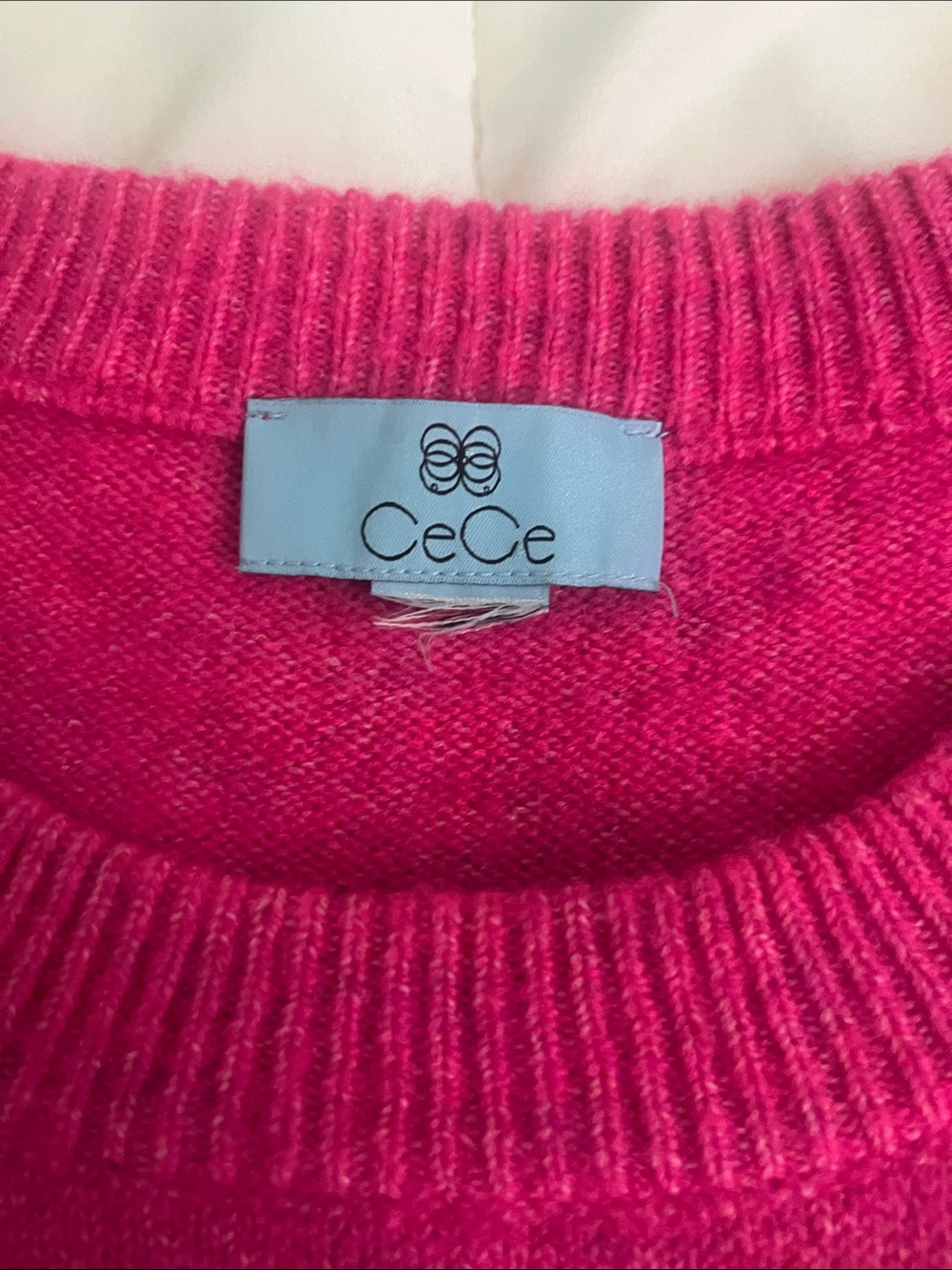 CeCe Bright Pink Puff-Sleeve Crewneck Sweater with Crystal Brooch - Picture 3 of 3